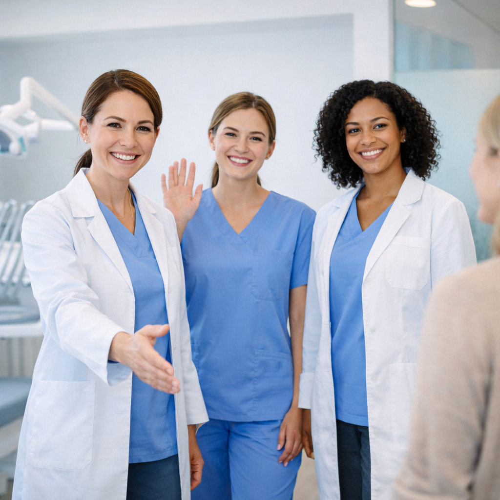 Friendly dental team greeting a patient