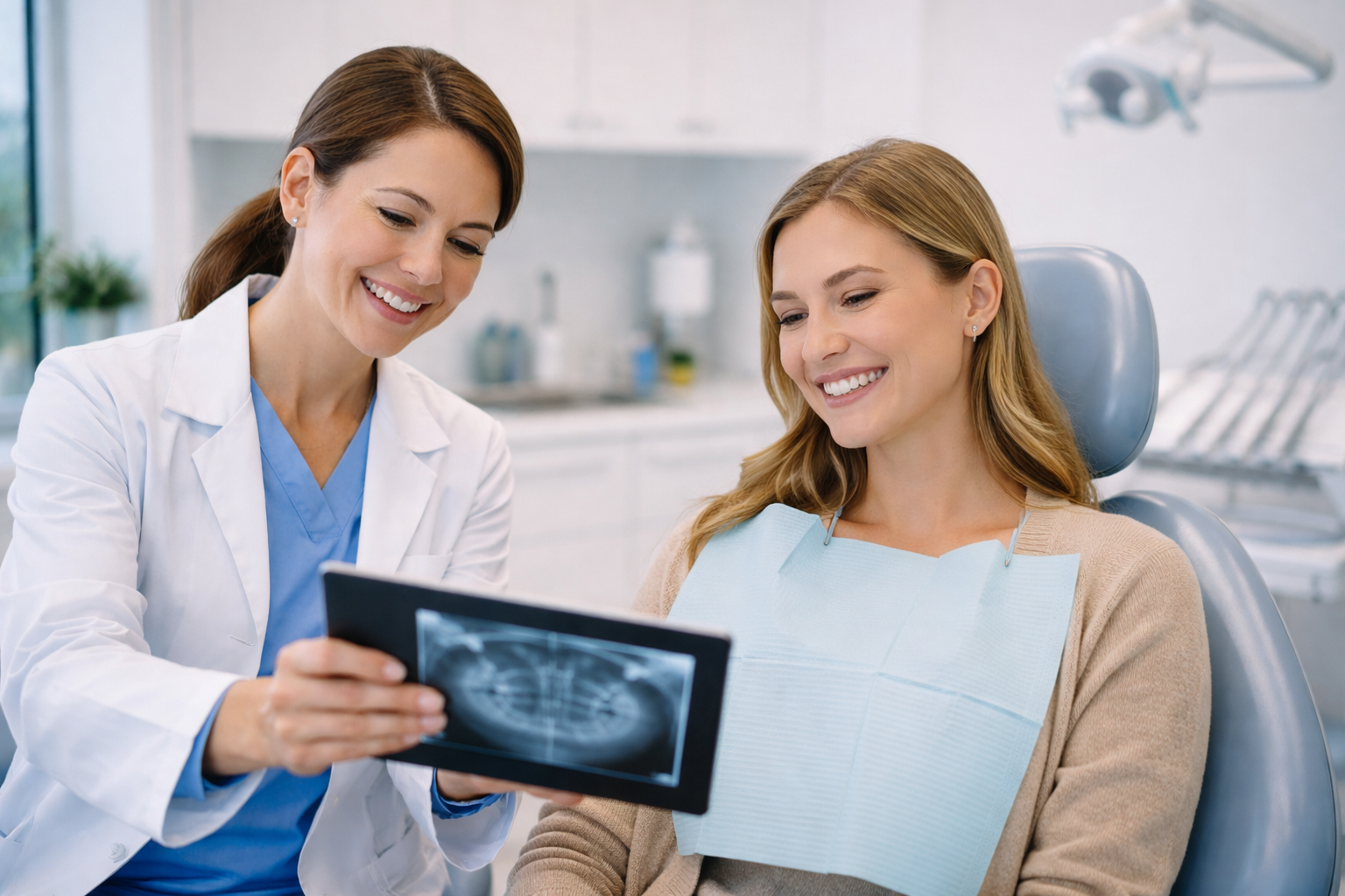 Smiling patient and dentist in exam room